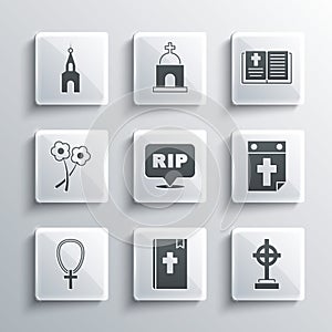 Set Holy bible book, Grave with cross, Calendar death, Speech bubble rip, Christian on chain, Flower, Church building