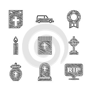 Set Holy bible book, Grave with tombstone, Speech bubble rip death, cross, Funeral urn, Burning candle, Memorial wreath