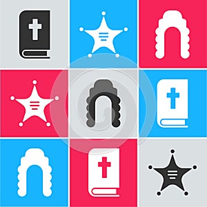 Set Holy bible book, Hexagram sheriff and Judge wig icon. Vector
