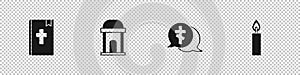 Set Holy bible book, Old crypt, Grave with cross and Burning candle icon. Vector