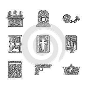 Set Holy bible book, Pistol or gun, Police cap with cockade, Oath on the Bible, Evidence bag and bullet, Old hourglass