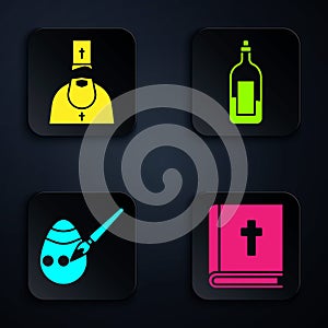 Set Holy bible book, Priest, Easter egg and paint brush and Bottle of wine. Black square button. Vector