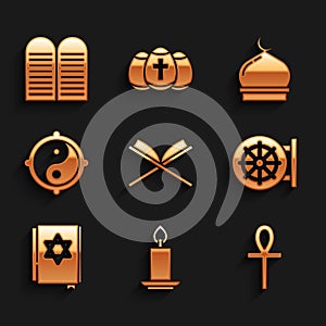 Set Holy book of Koran, Burning candle, Cross ankh, Dharma wheel, Jewish torah, Yin Yang, Muslim Mosque and The