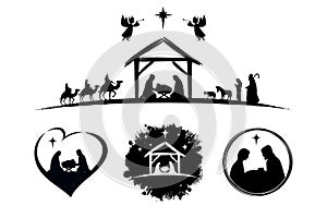 Set of holy Christmas scene with silhouettes christian Nativity