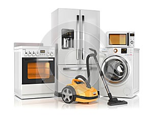 Set of home appliances. Refrigerator, washing machine, microwave