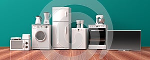 Set of home appliances on a wooden floor. 3d illustration photo