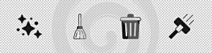 Set Home cleaning service, Handle broom, Trash can and Vacuum cleaner icon. Vector