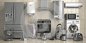 Set of home kitchen appliances on the wall background. Household technics