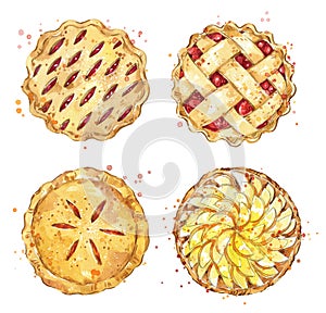 Set of home made pies, watercolour illustration