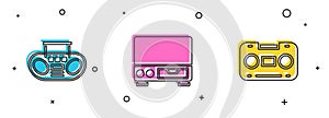 Set Home stereo with two speakers, Old video cassette player and Retro audio tape icon. Vector