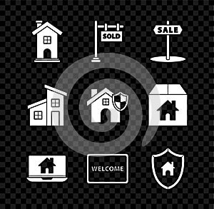 Set Home symbol, Hanging sign with text Sold, Sale, Laptop and smart home, Doormat the Welcome, House shield, and icon