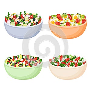 Set of homemade salads from fresh vegetables. Healthy food. Vagan and vegetarian meal. Vector illustration