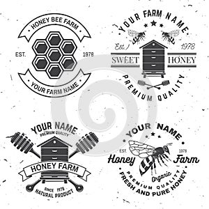 Set of Honey bee farm badge. Vector. Concept for shirt, stamp or tee. Vintage typography design with bee, hive and bear