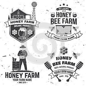 Set of Honey bee farm badge. Vector. Concept for shirt, stamp or tee. Vintage typography design with bee, honeycomb
