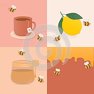 Set of honey with bee and honey jar banner