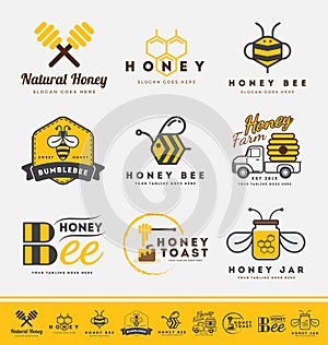 Set of honey bee logo and labels for honey products. photo