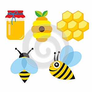 Set of honey bees and honeycombs vector illustration