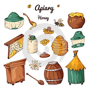 Set of honey elements. Apiary icons for your design. Vector sketches, sweet natural food