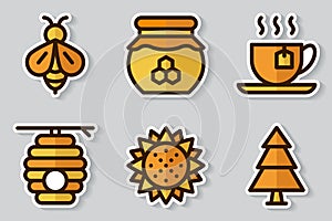 Set of honey theme stickers icons. Set of stickers on bee theme. Simple beekeeping collection theme. Cartoon style. Vector