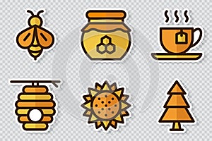 Set of honey theme stickers icons. Set of stickers on bee theme. Simple beekeeping collection theme. Cartoon style. Vector