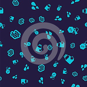 Set Honeycomb, Sale of bees, Drops honey and Jar on seamless pattern. Vector