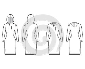 Set of Hoody dresses technical fashion illustration with long sleeves, knee length, fitted body, Pencil fullness. Flat