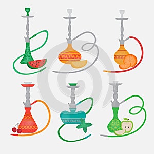 Set of hookah icons. Labels for nargile shop or shishe lounge. Fruit flavor of tabacco