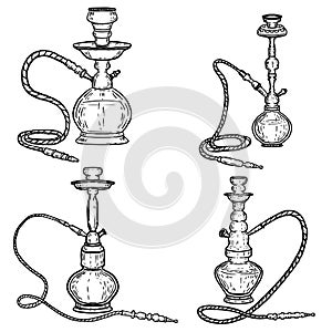 Set of hookah illustrations on white background. Design elements for poster, emblem, sign, badge.