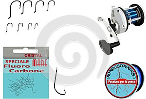 Set of hooks and fishing rod reel isolated on a white background