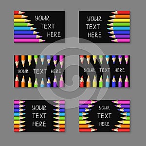 Set of Horisontal Cards with Realistic Colorful Pencils on Black