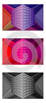 Set of horizontal abstract banners with a volumetric cube in the center for your brand book. A graceful pattern with a