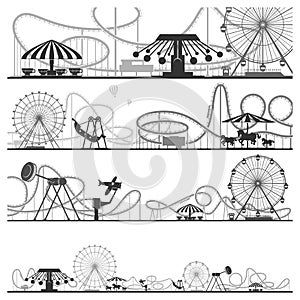 Set of horizontal amusement park silhouettes. Vector illustrations of roller coasters