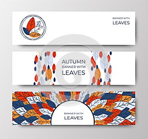 Set of horizontal banners for advertising, invitations, internet sites from colorful leaves. Autumn background for sales