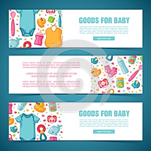 Set horizontal banners with childhood`s patterns. Newborn staff for decorating flyers. Design templates for card