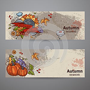 Set horizontal banners of colored autumn doodle