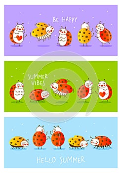 Set of horizontal banners with cute little ladybugs on color background