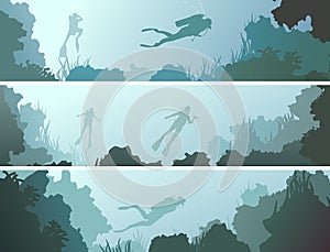 Set horizontal banners of divers under water.