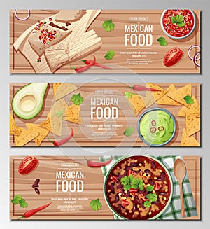 Set of horizontal banners with mexican food on a wooden background. Tamales, nachos, bean soup. Banner, flyer, poster,