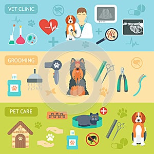 Set of horizontal banners. Pet care. Vet clinic. Grooming. Flat design. Vector