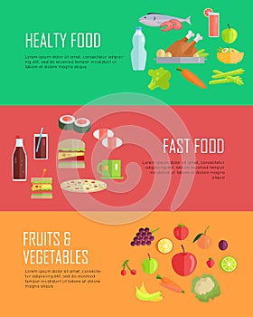 Set of Horizontal Food Concepts Vector Banners.