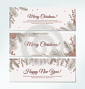 Set of horizontal hand drawn Merry Christmas and Happy New Year greeting cards with Christmas tree branches and holly berries.