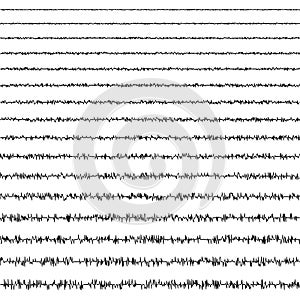 set of horizontal line doodles of seismic waves of the vibrational form of an earthquake with a random frequency and