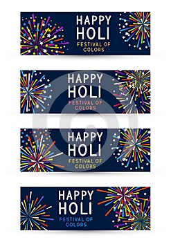 Set of horizontal panoramic banners with color fireworks  on blue background for holy festival holiday design