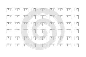 Set of horizontal rulers - lenght and size indicators distance units divided in quaters. Vector illustration