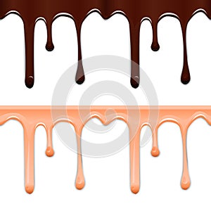 Set of horizontal seamless drip glaze. Chocolate and pink smudges on white background.
