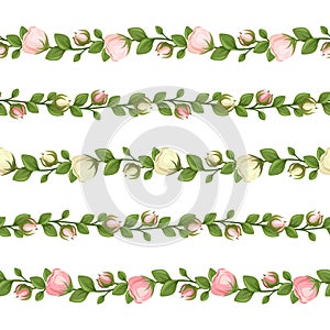 Set of horizontal seamless garlands with pink and white flowers. Vector illustration.