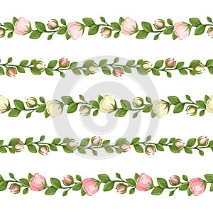 Set of horizontal seamless garlands with pink and white flowers. Vector illustration. photo
