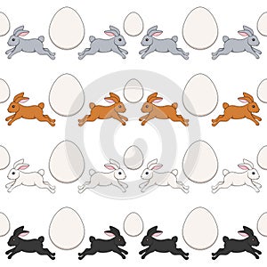 Set of horizontal seamless patterns with Easter bunny and eggs. Isolated vector objects.