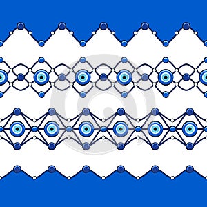 Set of horizontal seamless patterns with eye of fatima and beads.