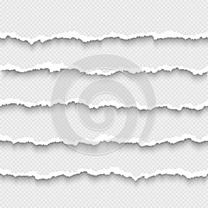 Set of horizontal seamless torn white paper with shadow. Damaged cardboard borders. Ripped stripes of paper. Vector illustration